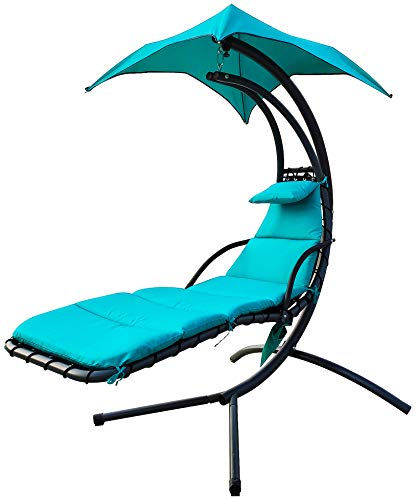 BalanceFrom Hanging Curved Chaise Lounge Chair Swing with Cushion, Pillow, Canopy, Stand and Storage Pouch, 330-Pound Capacity, Aqua