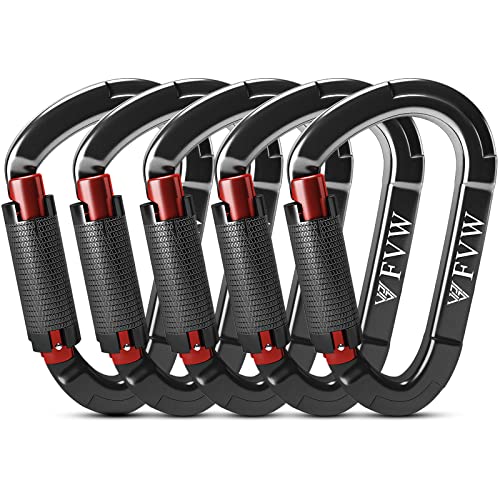 FVW Auto Locking Rock Climbing Carabiner Clips,Professional 25KN (5620 lbs) Heavy Duty Caribeaners for Rappelling Swing Rescue & Gym etc, Large D-Shaped Carabiners, (Black) 5 Pack