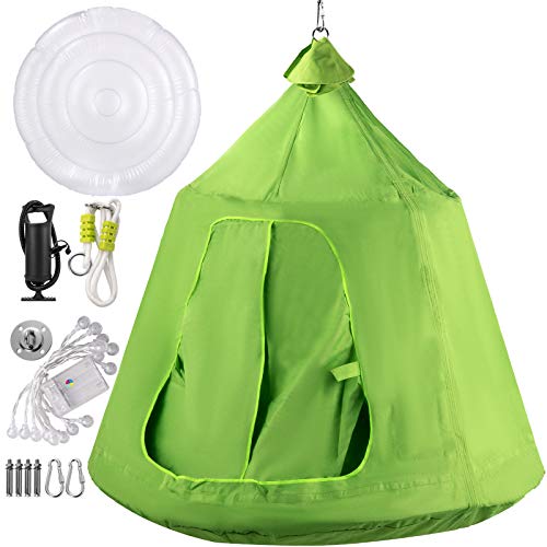 VEVOR Hanging Tree Tent, Max.440lbs Capacity, Tree Tent Swing Hangout Hugglepod with LED Rainbow Decoration Light Inflatable Cushion, Ceiling Hammock Tent for Kids & Adult Indoor Outdoor, Green