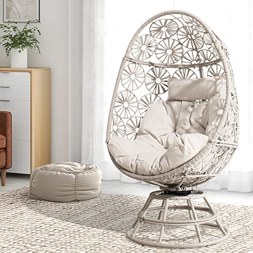 Ulax Furniture Wicker Egg Chair Nest Basket Indoor/Outdoor Lounger for Patio, Backyard, Living Room, Swivel Egg Chair with Cushion, Beige